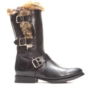 FRYE Rare Vintage Jamie Luxe Rabbit Fur Lined Buckle Zip Black Leather 10 boots